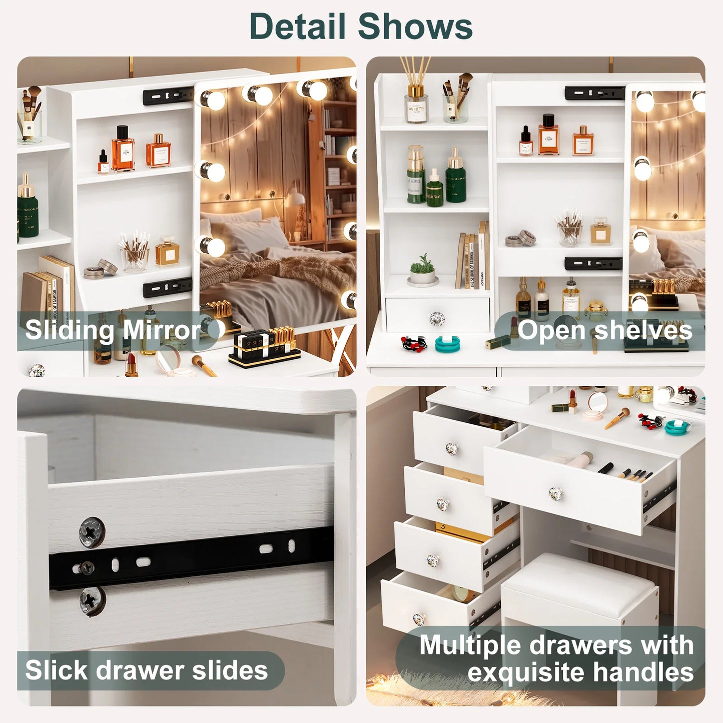 Teousev LED Makeup Vanity Set With Sliding Mirror And Storage