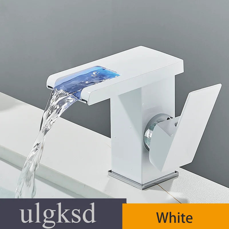 ULGKSD Bathroom Sink Faucets Cold&Hot Hydroelectric LED Basin Faucet Deck Mounted Waterfall Mixer Tap Kitchen Dual-use Tap Crane