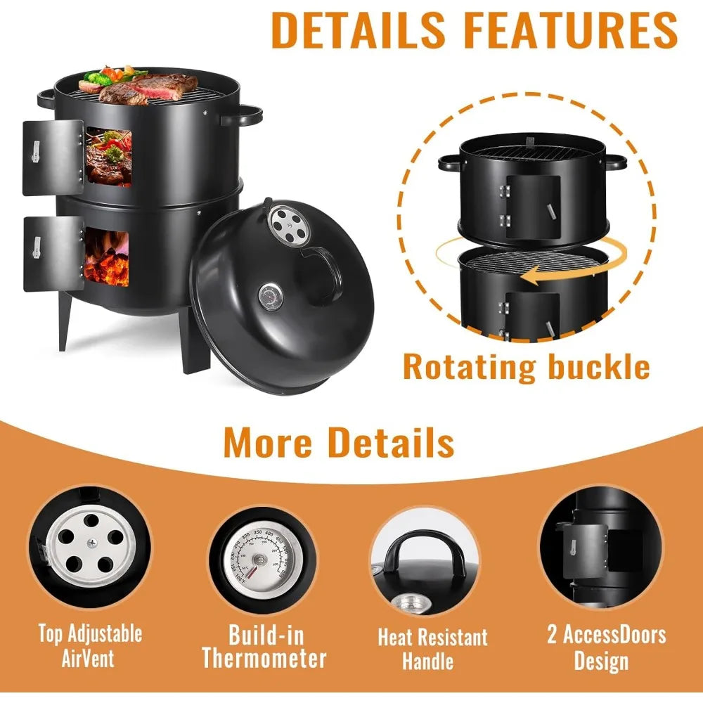 XIUWO Vertical Charcoal Smoker Grill Multi Layer Portable With Thermometers