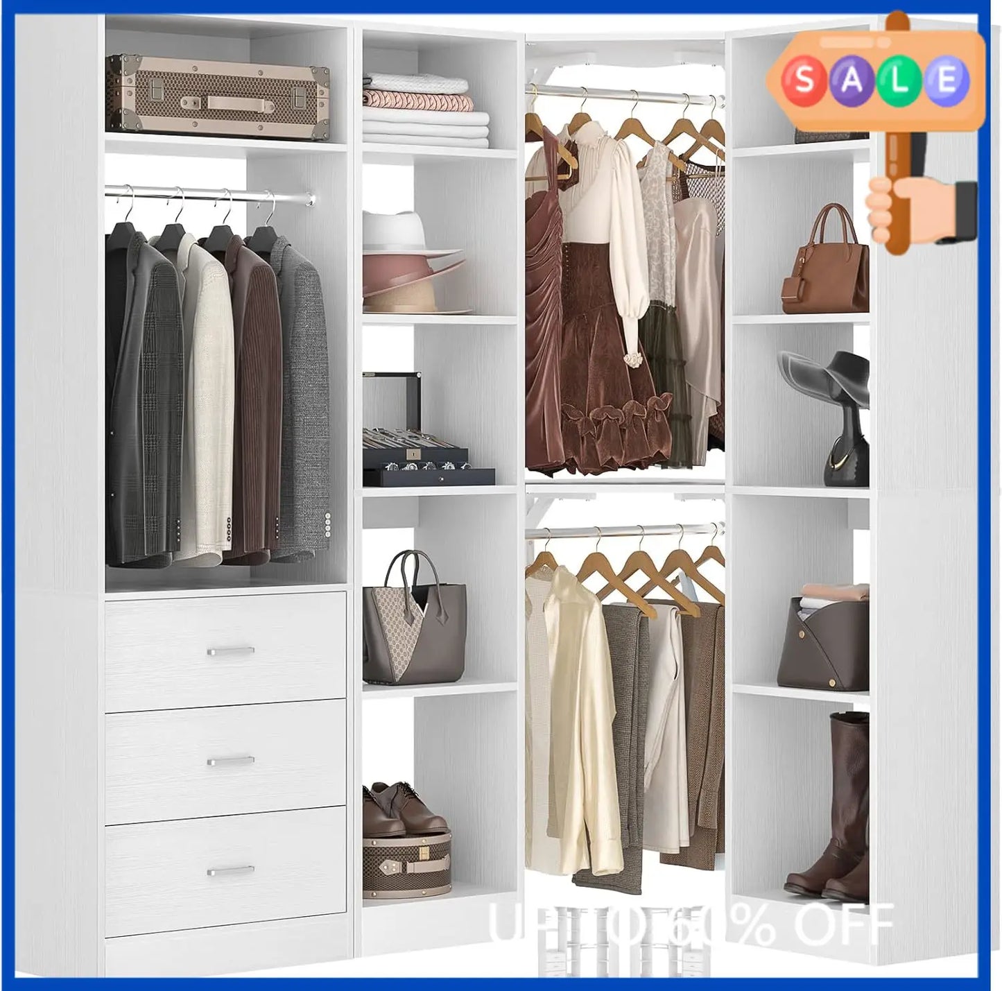 Corner Closet System With 3 Drawers, Shelves And Hanging Rods