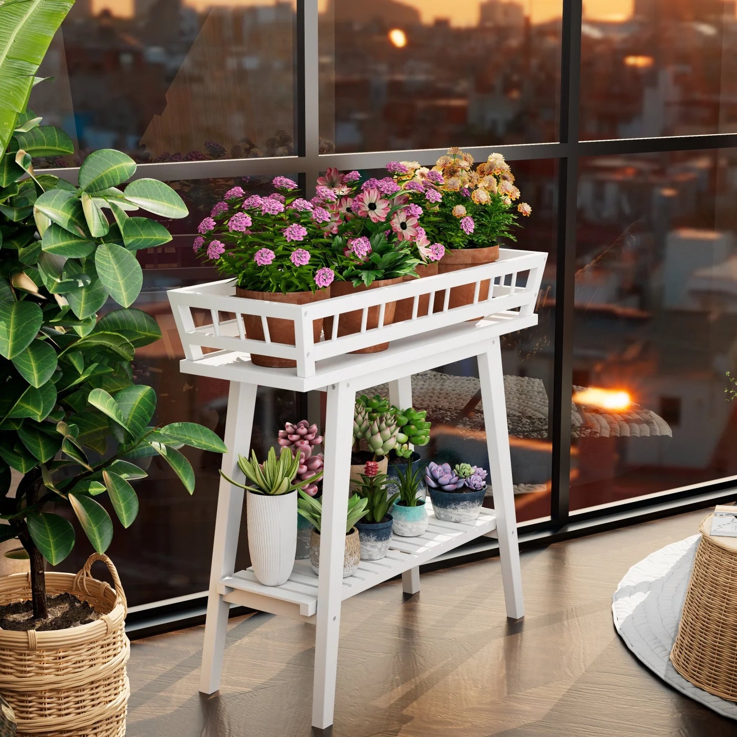 Bamboo Plant Stand Two Tier Garden Shelf For Balcony