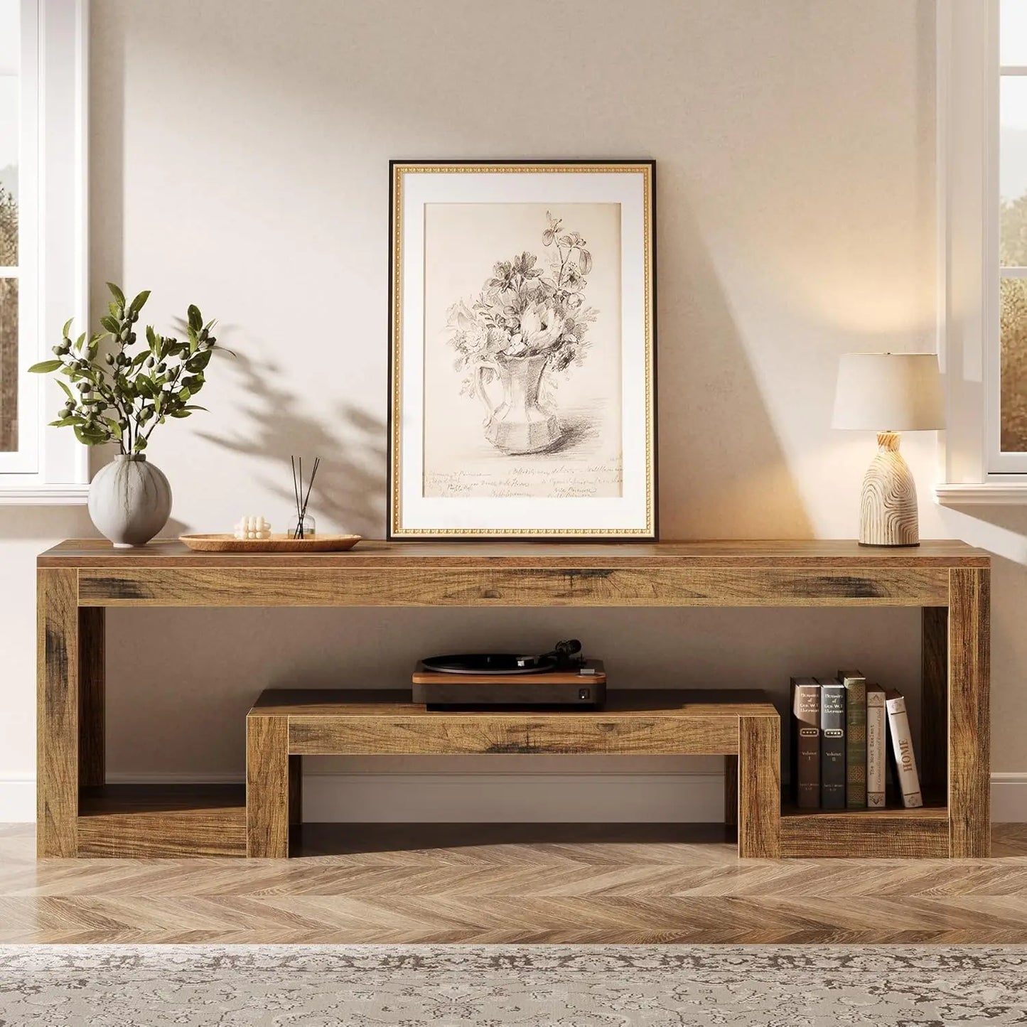 Farmhouse Wood TV Stand Entertainment Center Open Shelves Living Room