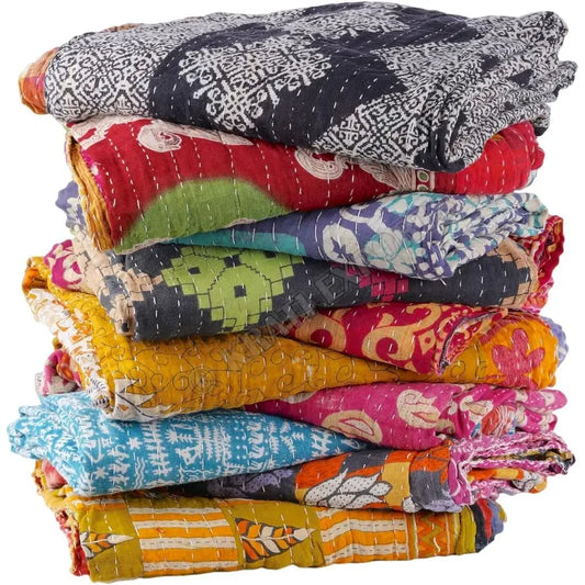 Vintage Kantha Quilts Handmade From Old Saree Boho Cotton Blanket