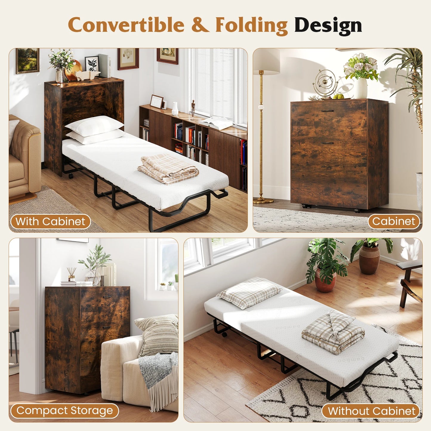 HOMASIS Foldable Murphy Bed With Storage Rolling Cabinet