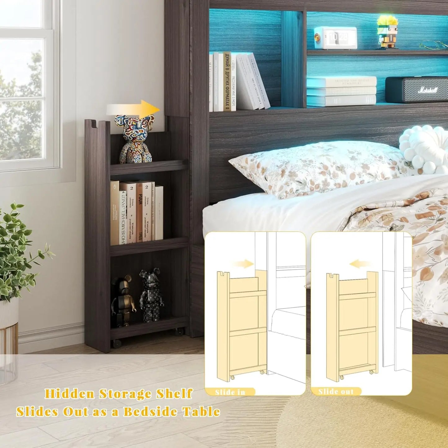 Bed Frame With Bookcase Headboard And Farmhouse Wood Storage Drawers