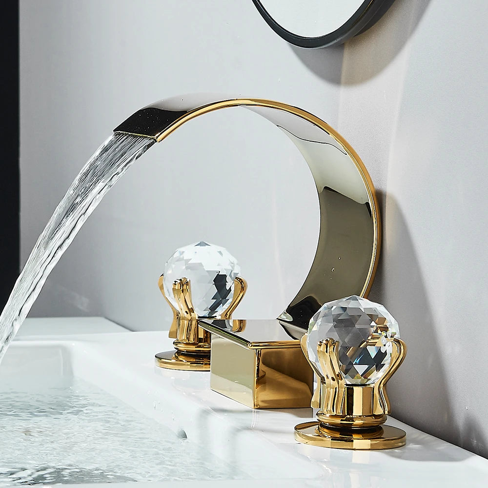 Quyanre Waterfall Bathroom Faucet With Crystal Handle Widespread Hot Cold
