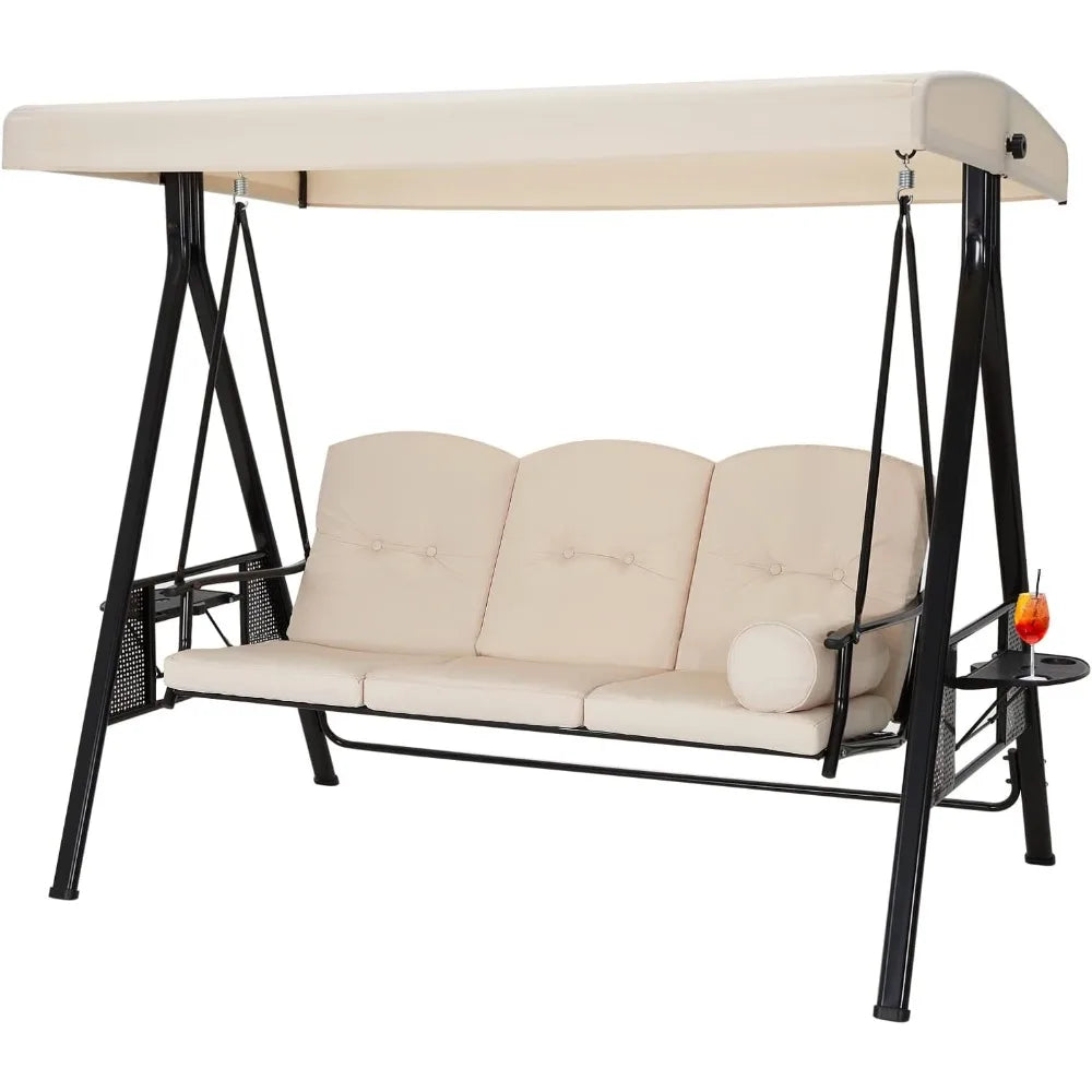 Outdoor Porch Swing 3 Seat With Adjustable Canopy For Garden