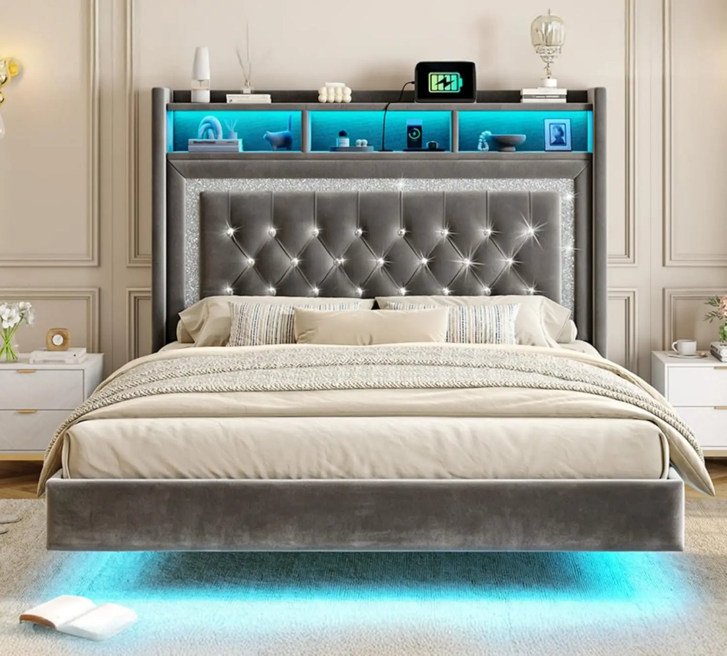 General Use Floating Bed Frame With LED Lights Charging Station