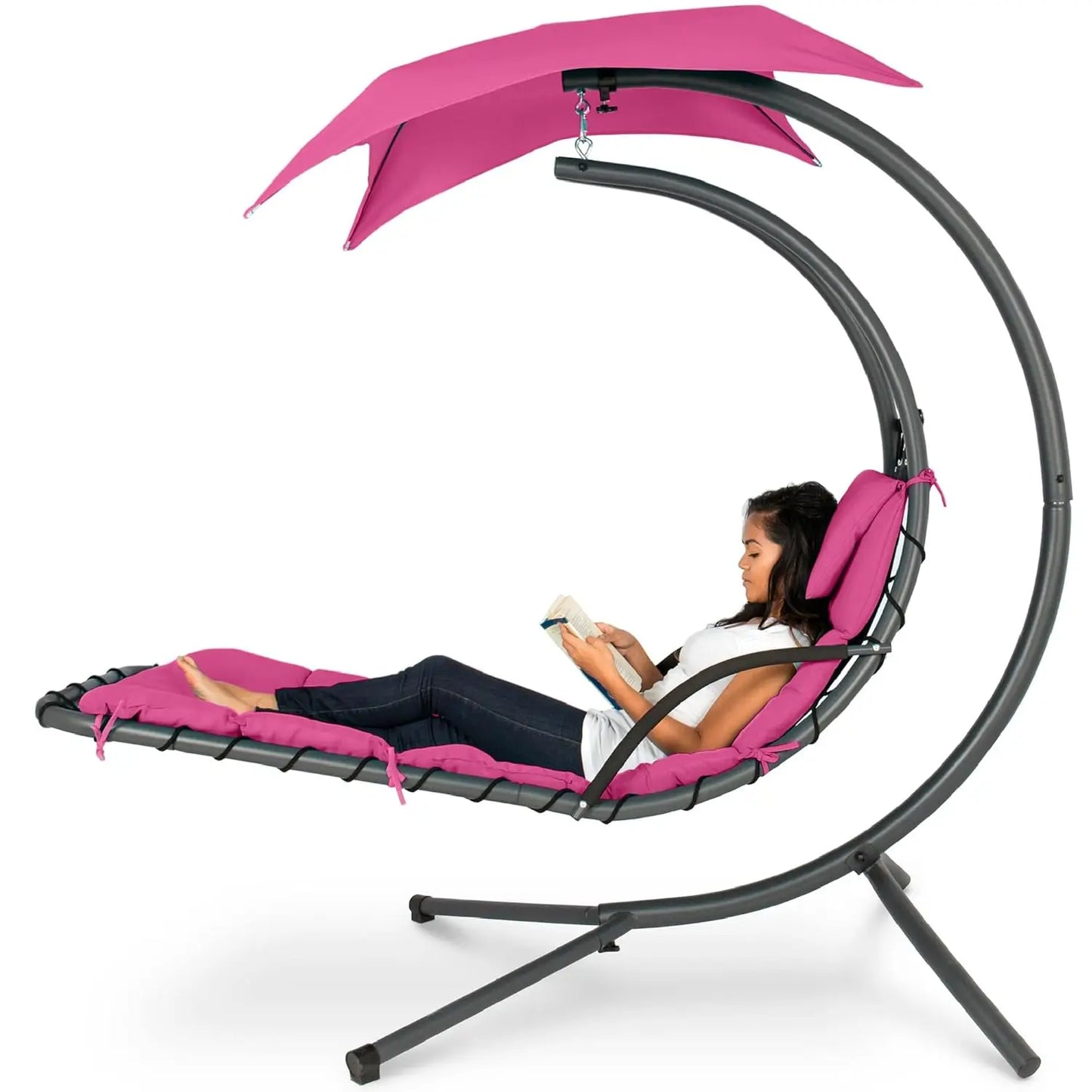 Outdoor Hanging Steel Chaise Lounge Chair With Swing Canopy Pillow