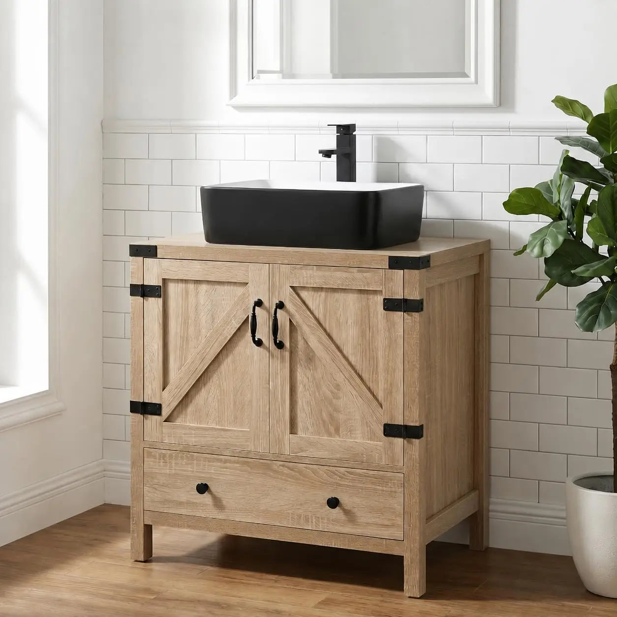 Rustic Bathroom Vanity With Pedestal Cabinet And Vessel Sink