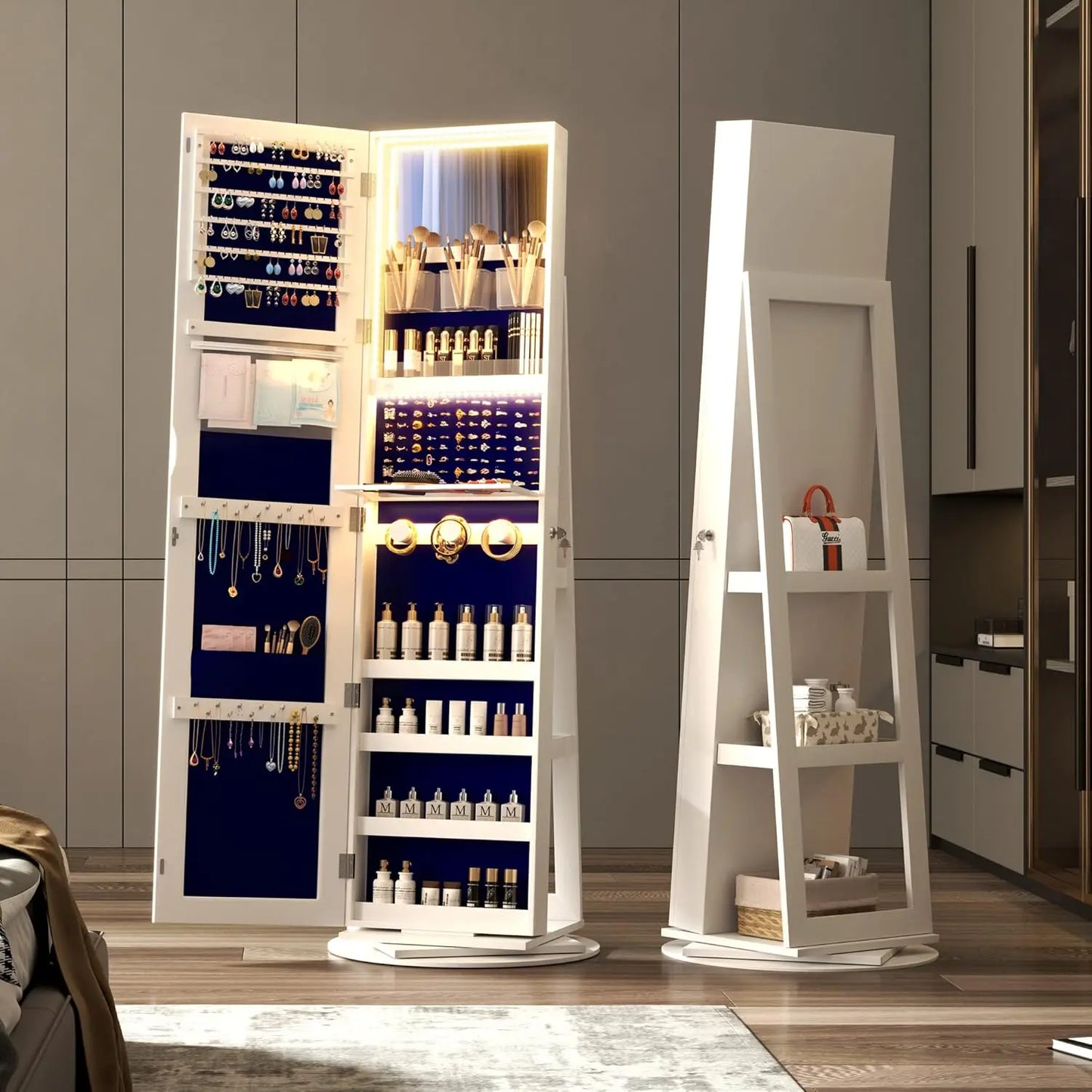LED Jewelry Armoire With Lockable Mirror 360 Degree Rotation