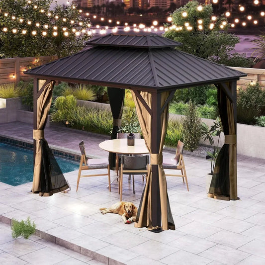 DUOFU Hardtop Metal Gazebo With Curtains And Netting