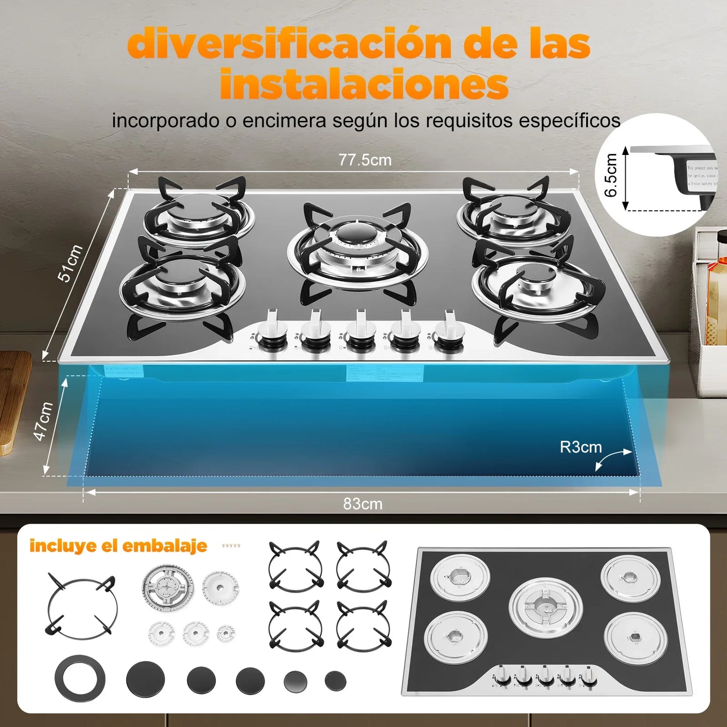Five Burner Electronic Pulse Ignition Gas Cooktop Countertop Stove