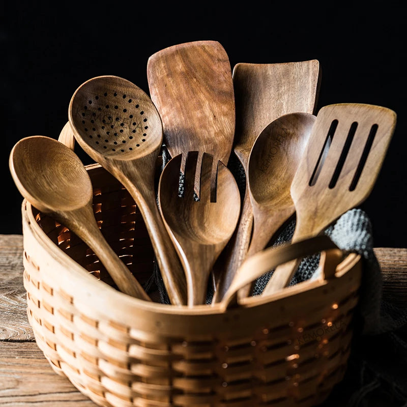 KEMORELA 9Pcs Wooden Spoons Set With Teak Kitchen Utensils Holder