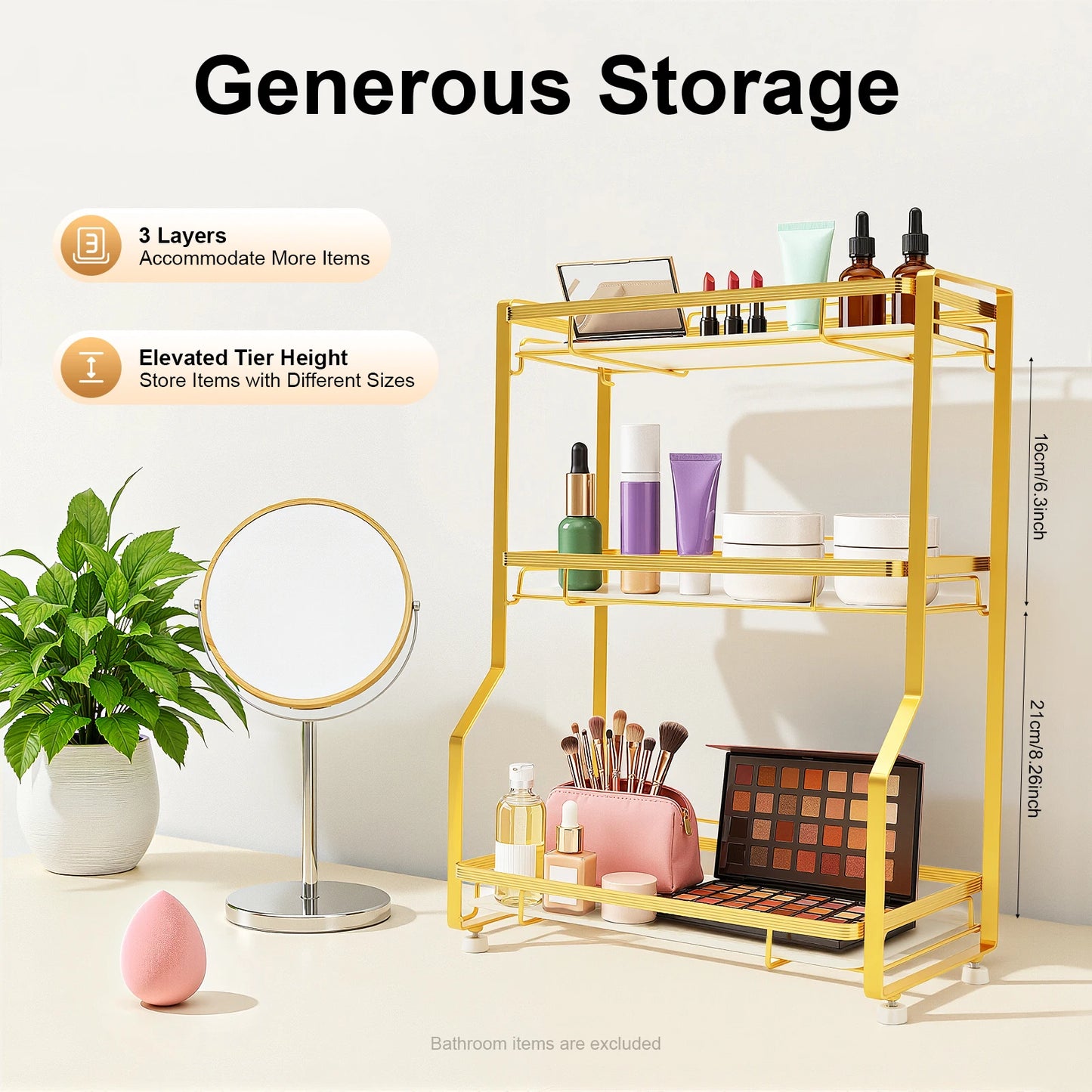 Bymaocar 3 Tier Bathroom Countertop Organizer Metal Storage Shelf For Toiletries