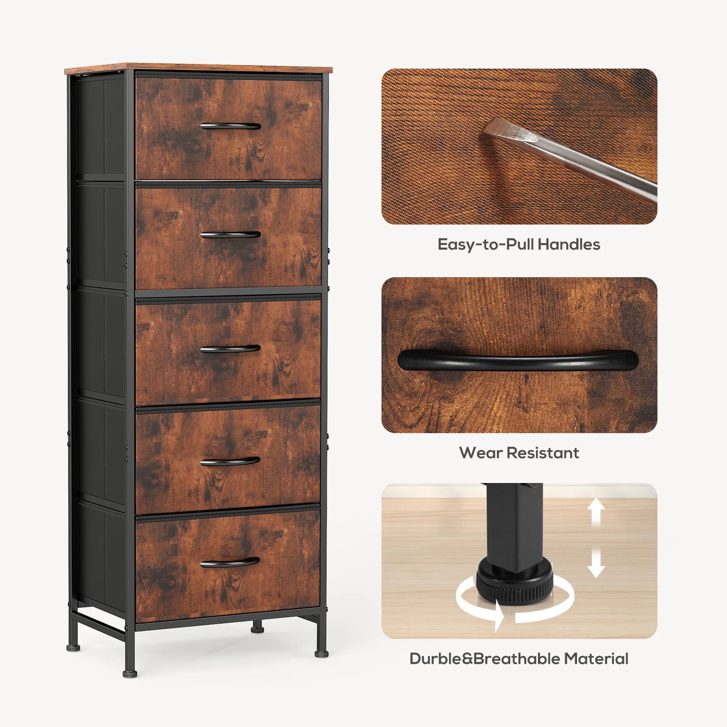 JHK Five Drawer Fabric Dresser With Steel Frame Closet