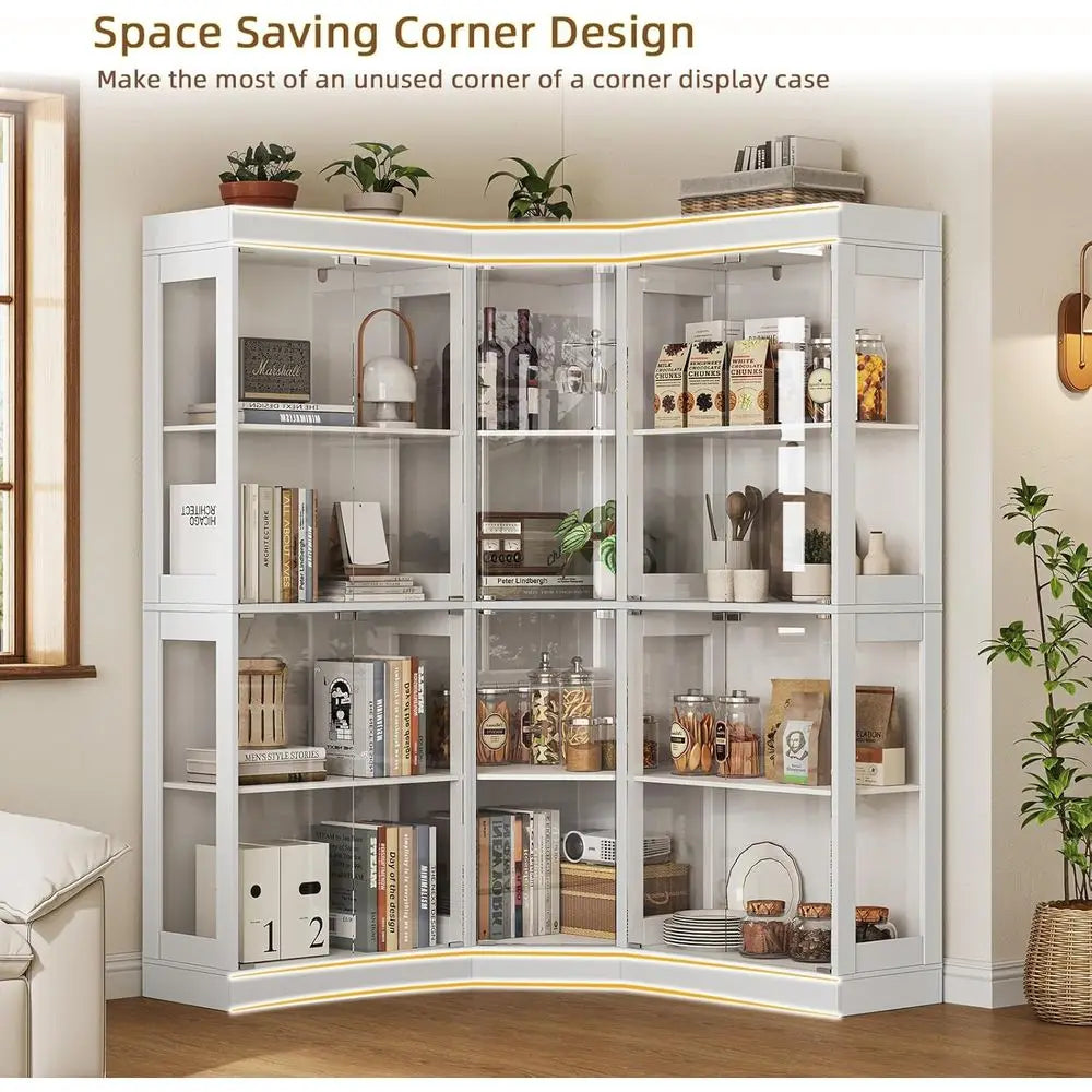 Large L Shaped Glass Door Cabinet With 12 Shelves Modern