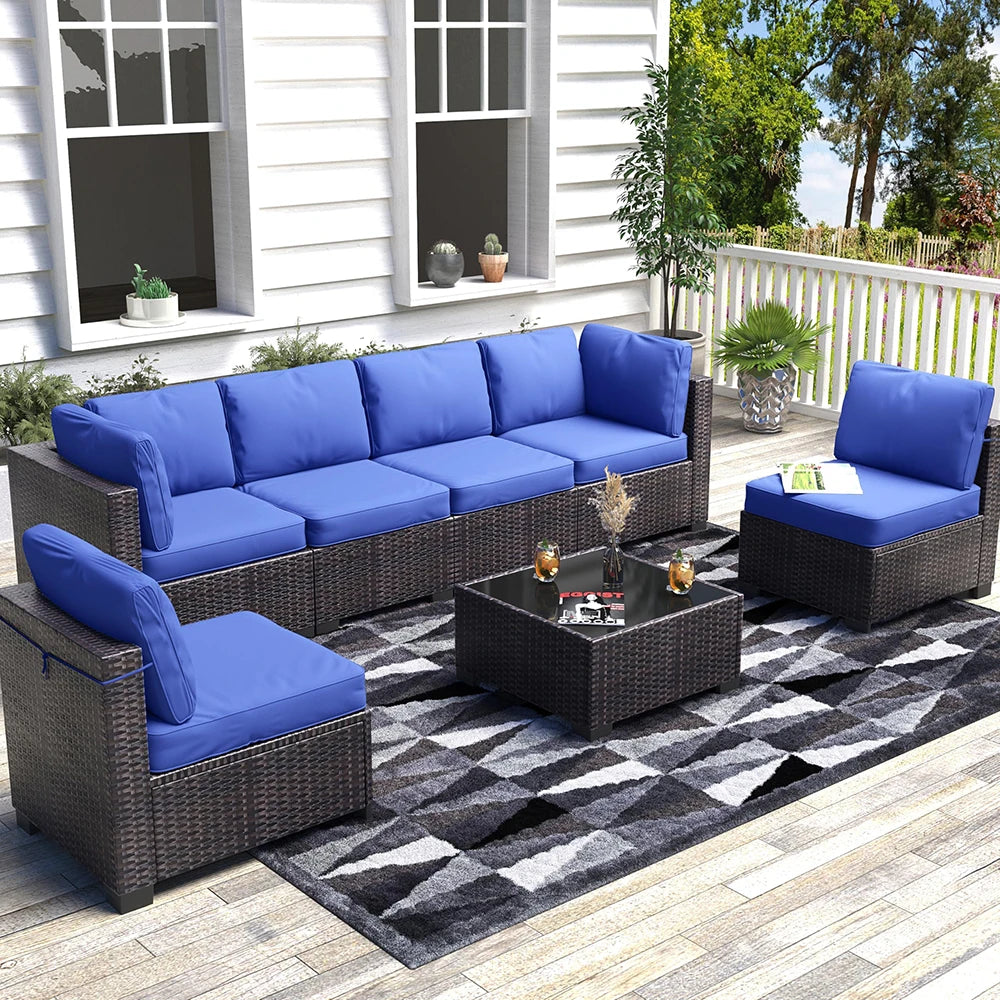 HiMISS Rattan Sectional Patio Set With Cushions And Glass Table