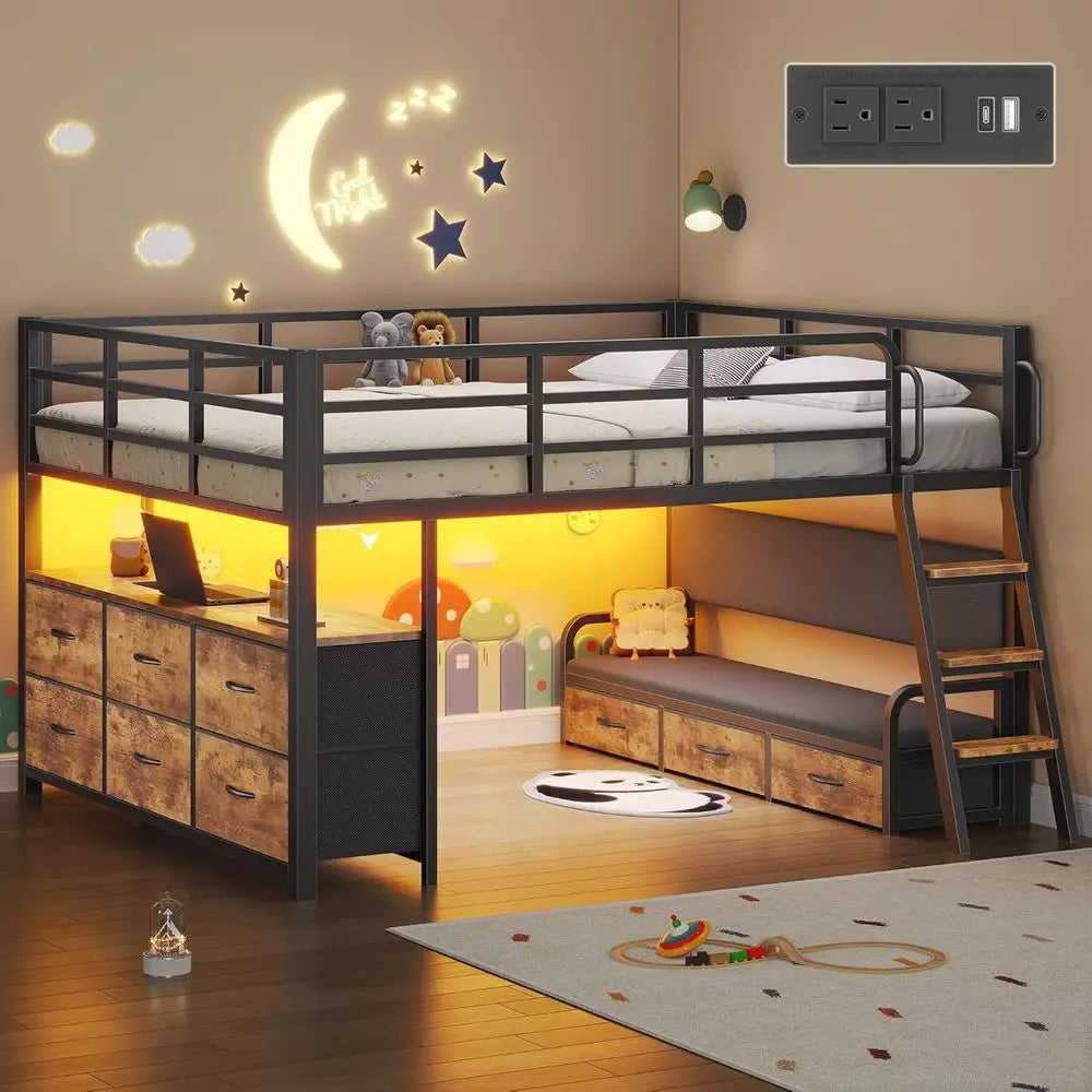 Low Loft Bed With Desk, LED Lights, Storage Drawers