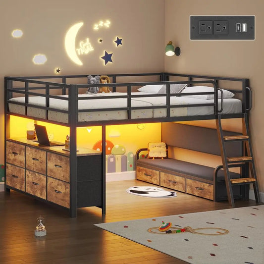 Low Loft Bed With Desk, LED Lights, Storage Drawers
