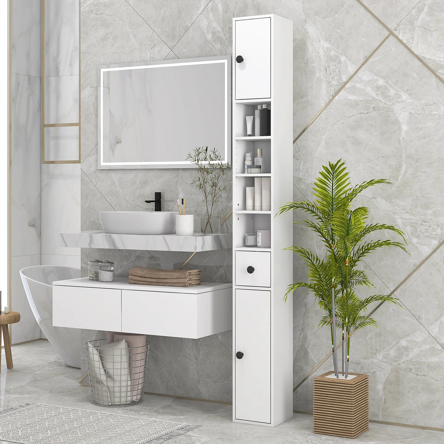 Kleankin Toilet Paper Cabinet With Open Shelves And Adjustable Doors