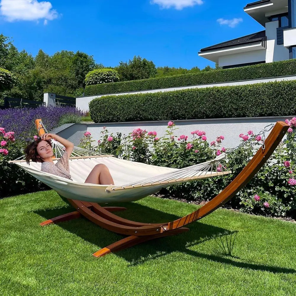 Heavy Duty Double Hammock With Wooden Stand For Outdoor Living
