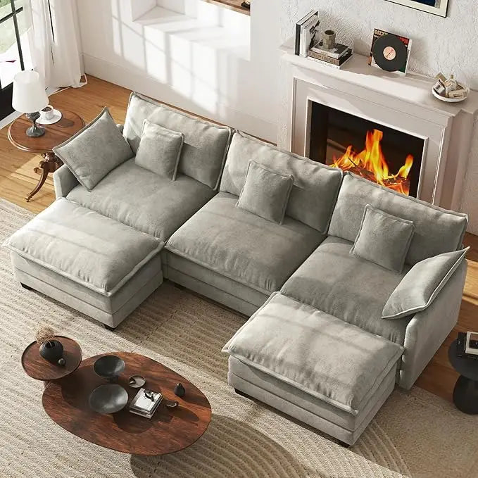 U Shape Modular Sectional Sofa Chenille With Movable Ottomans