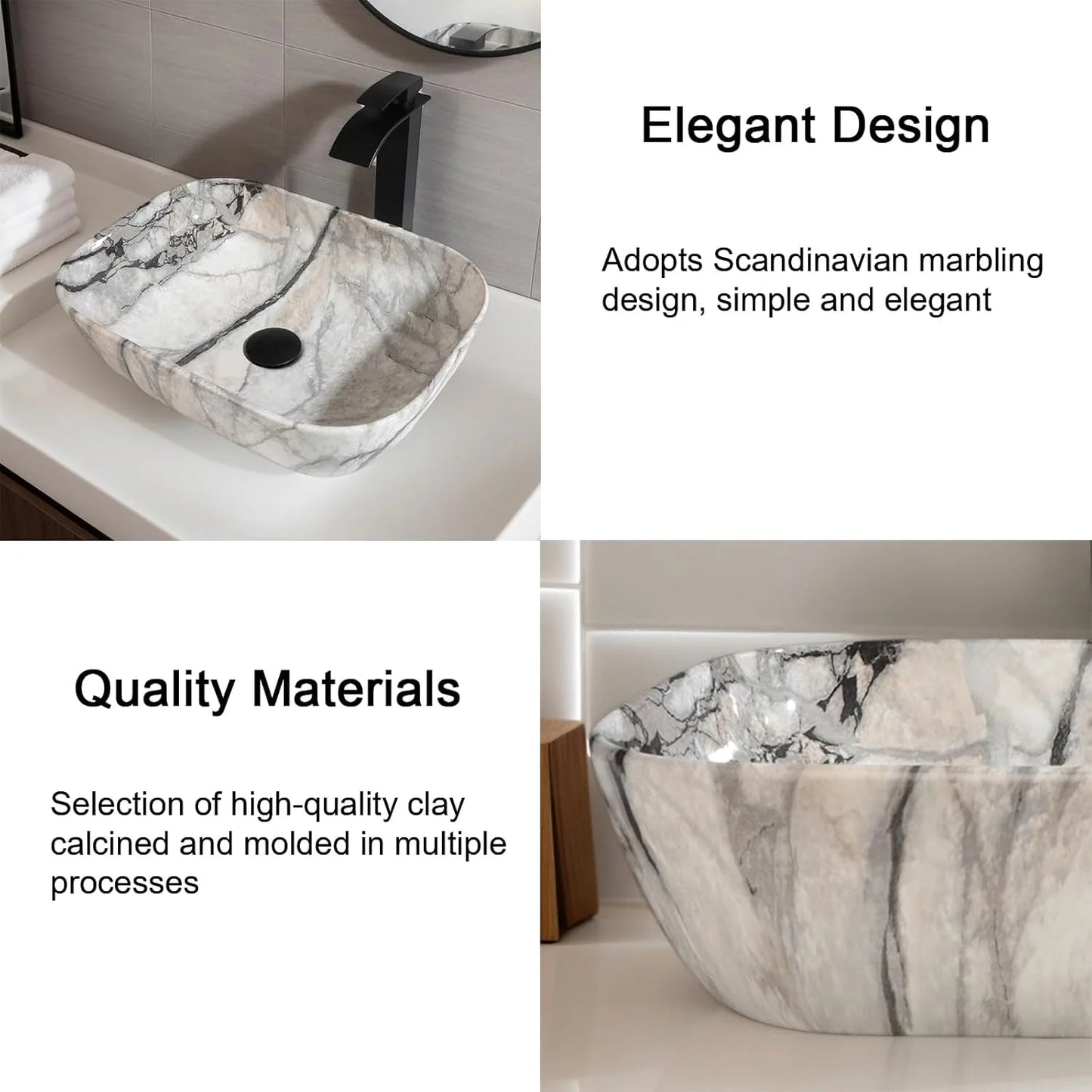 MEKKHALA Marble Pattern Ceramic Bathroom Vessel Sink Set Shape Basin