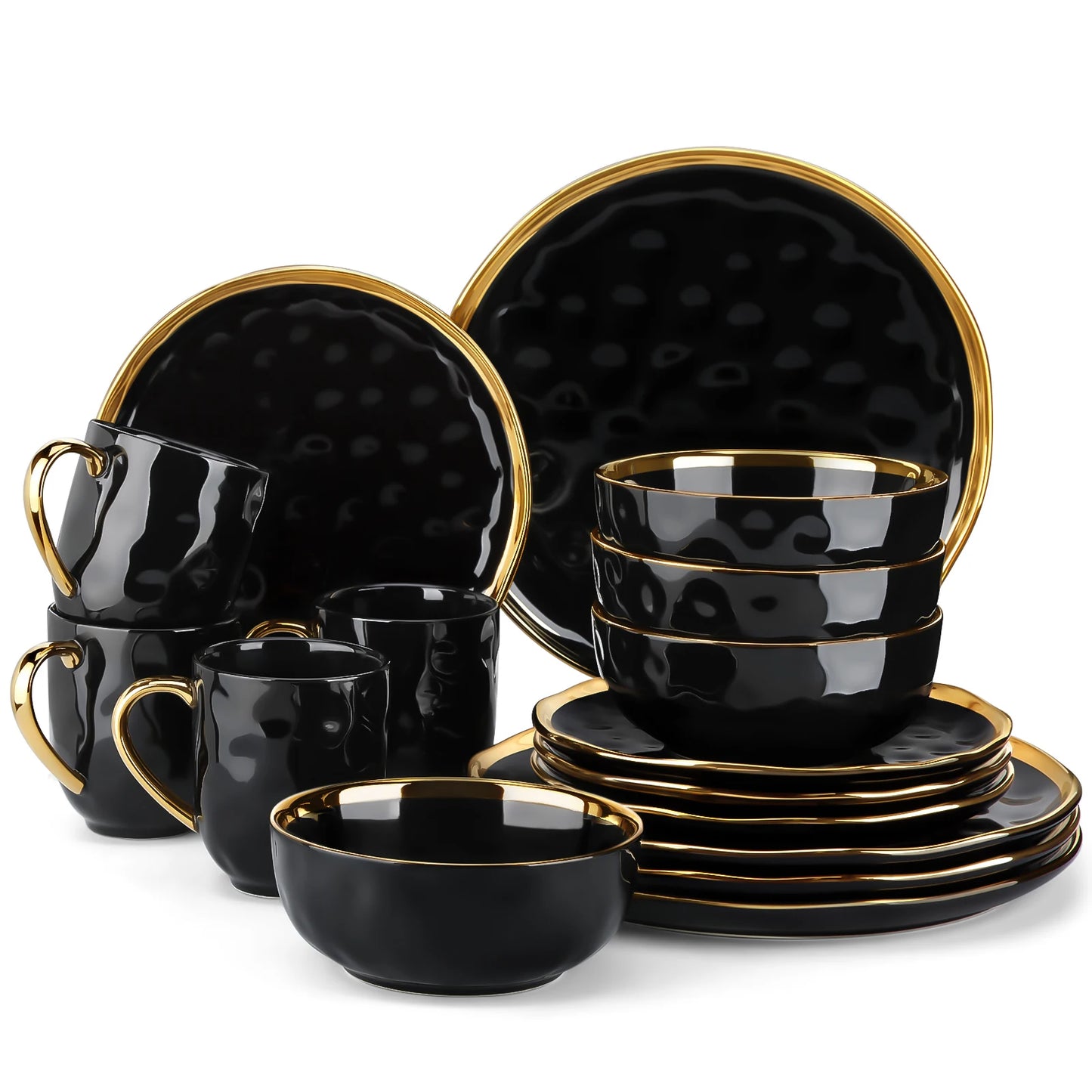 MALACASA Porcelain Dinnerware Set With Gold Trim Plates Cups Bowls