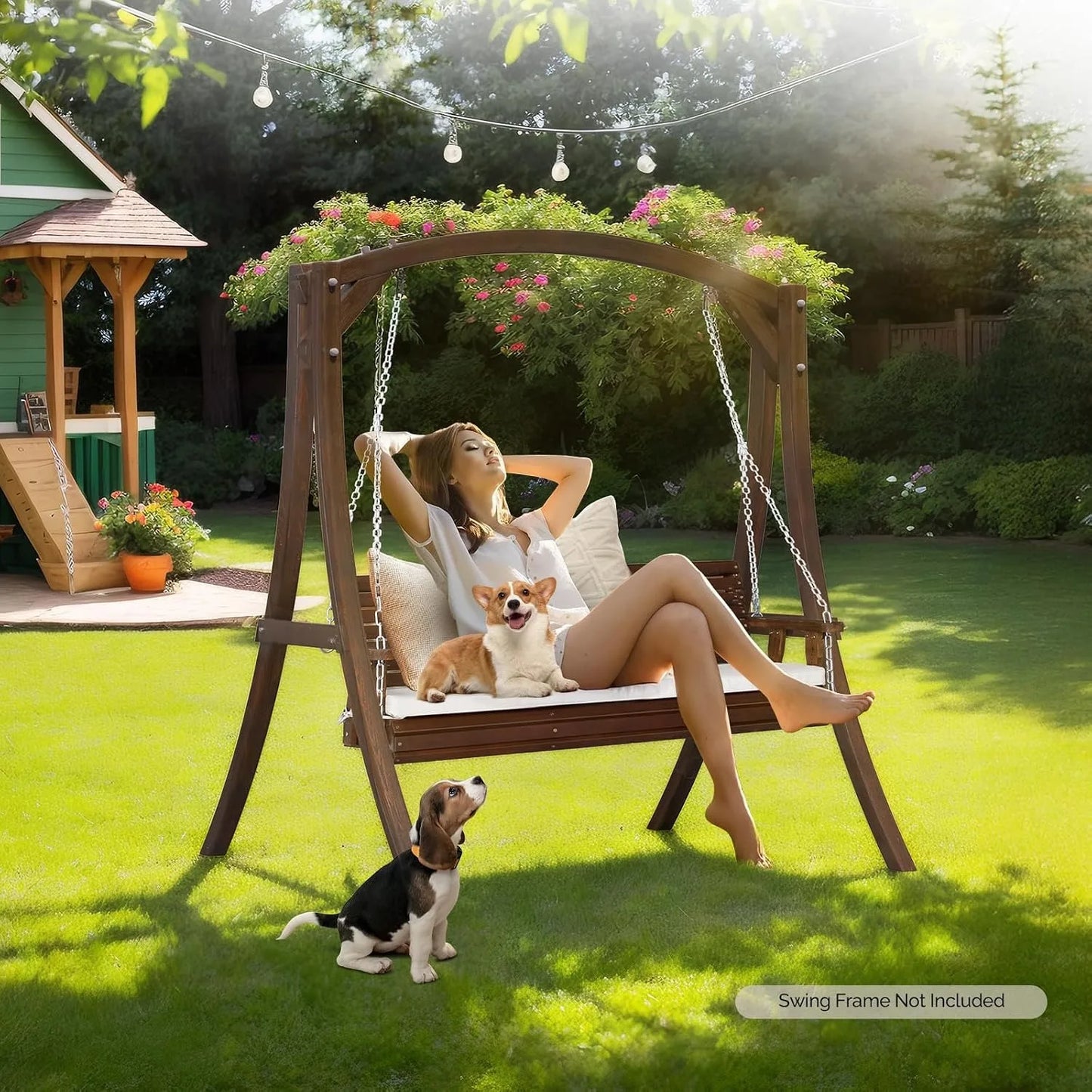 Farmhouse Wooden Hanging Porch Swing Bench With Extra Cushion
