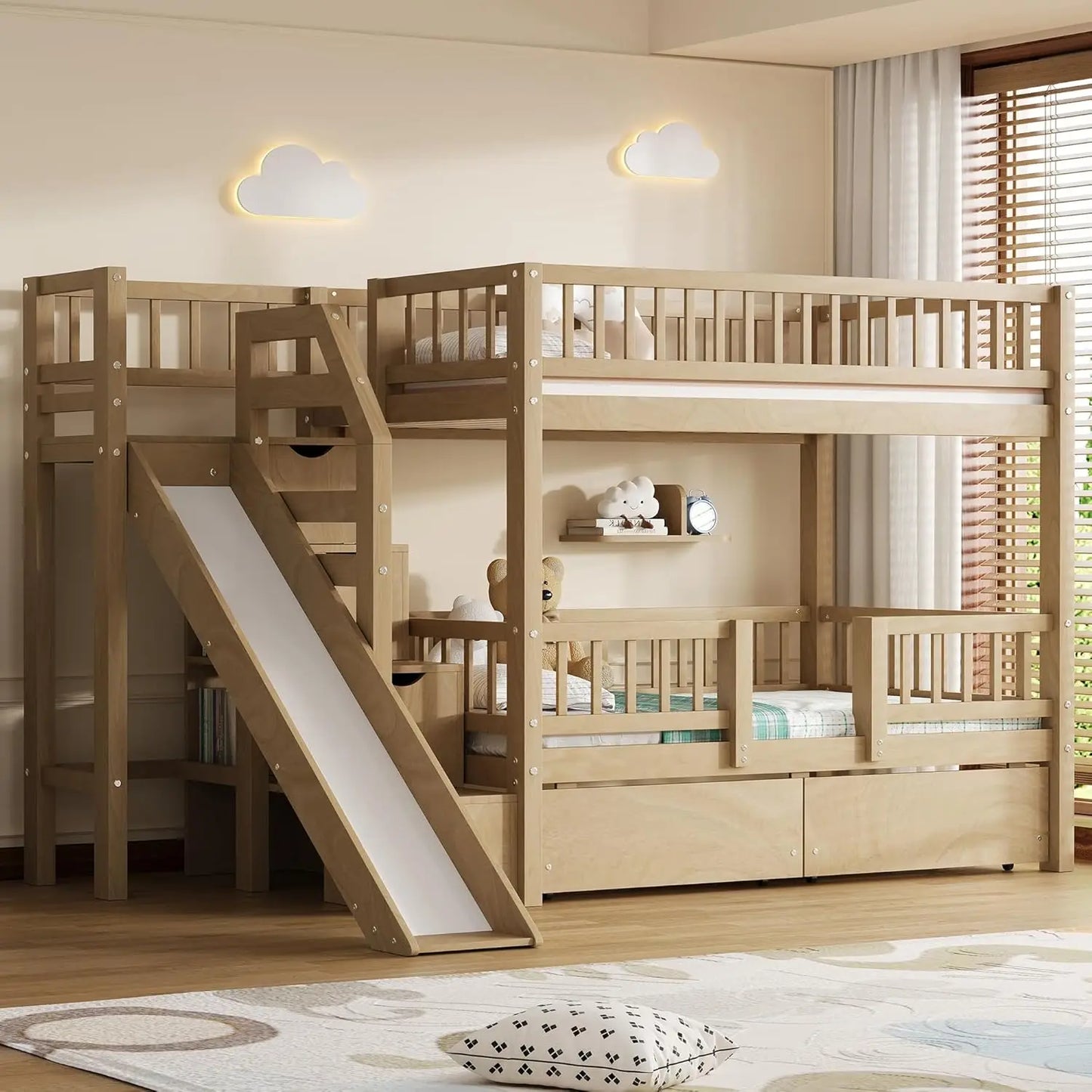 Twin Over Twin Bunk Bed With Slide Storage Drawers Staircase