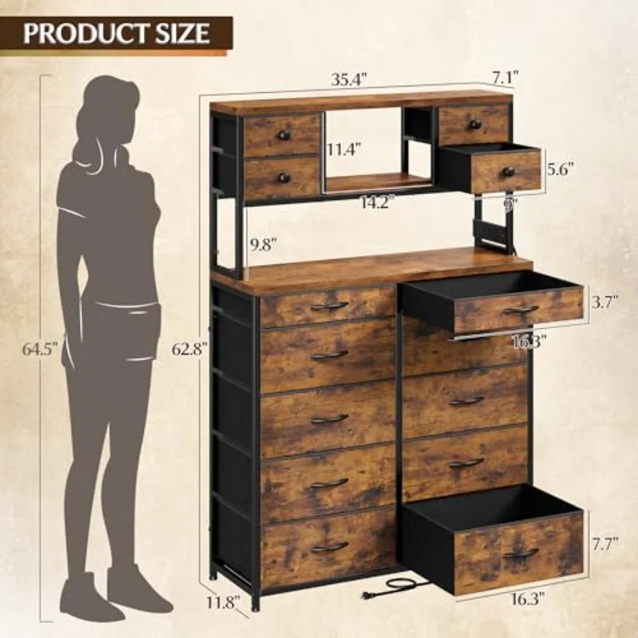 Rustic Bamboo Bedroom Dresser With LED Lights And Charging Station
