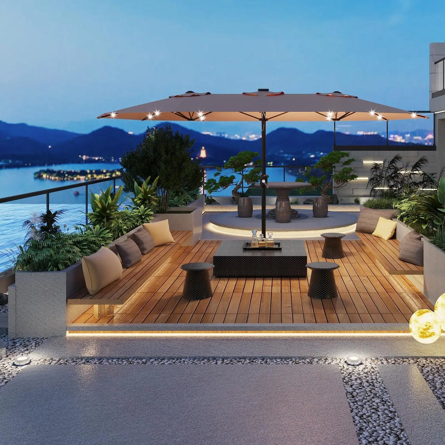 HiMISS Outdoor Patio Umbrella With Solar LED Lights And Base