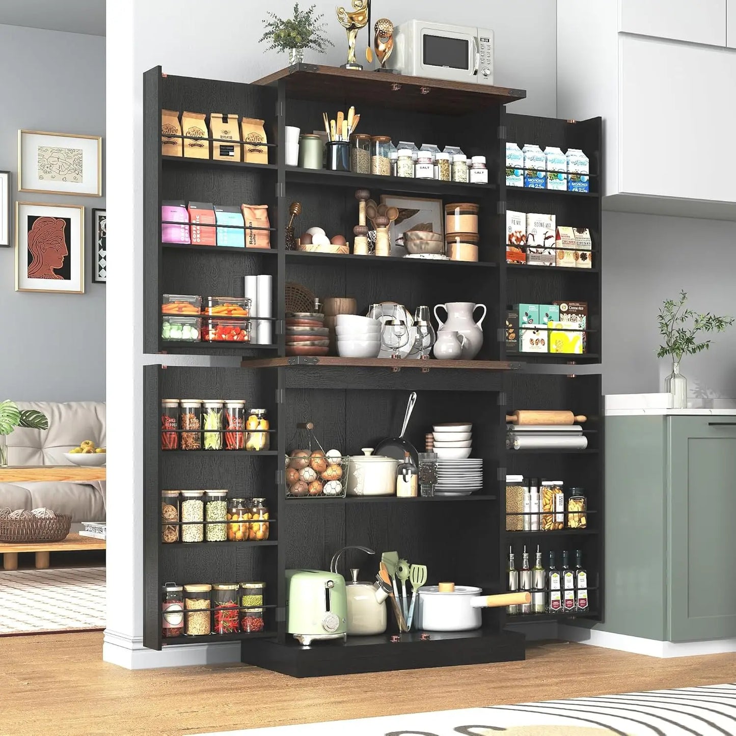 Farmhouse Kitchen Pantry Cabinet With Adjustable Shelves And Barn Doors