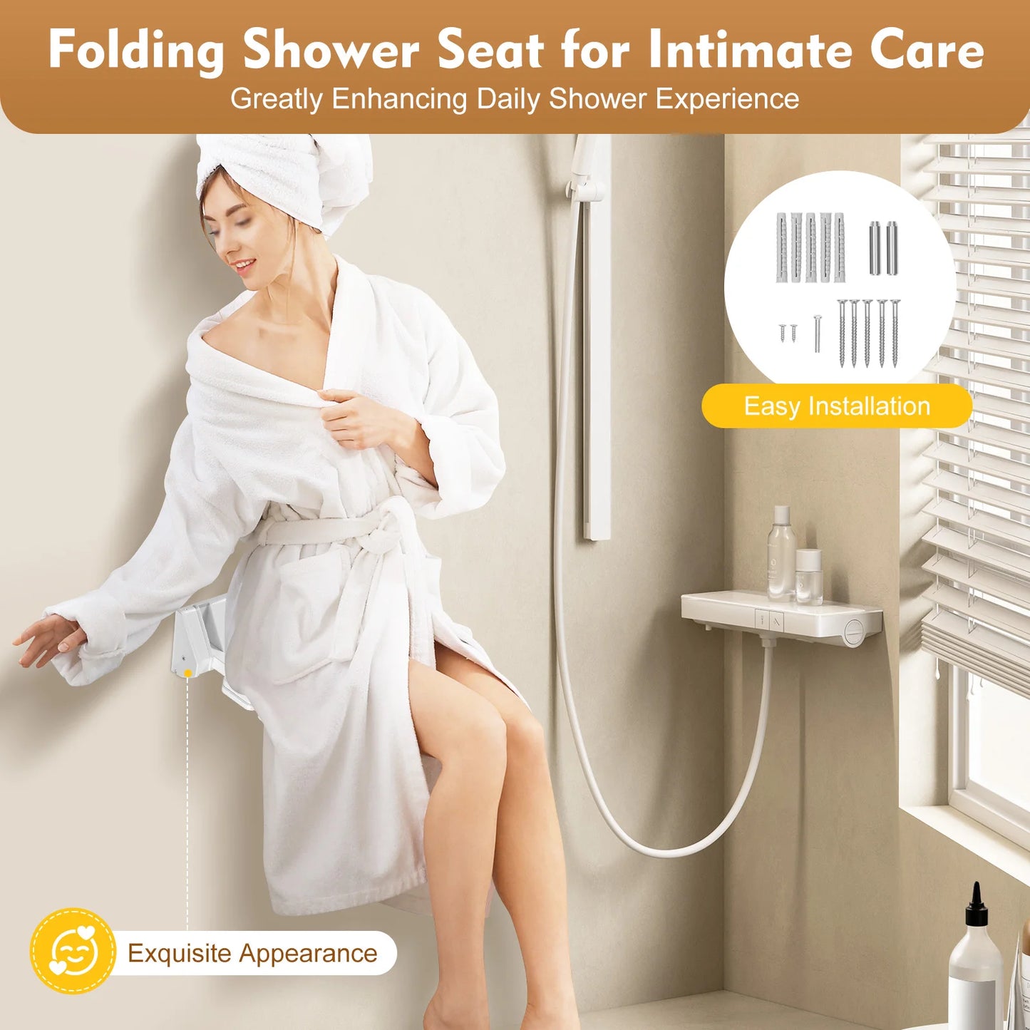 90 Degree Folding Shower Seat Wall Mounted Waterproof Bench Aluminum Alloy