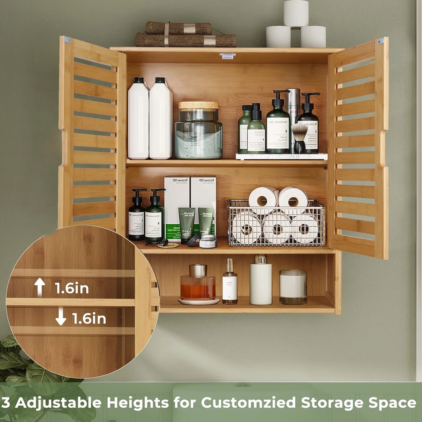 Wall Mounted Bathroom Cabinet With Adjustable Shelves And Double Doors