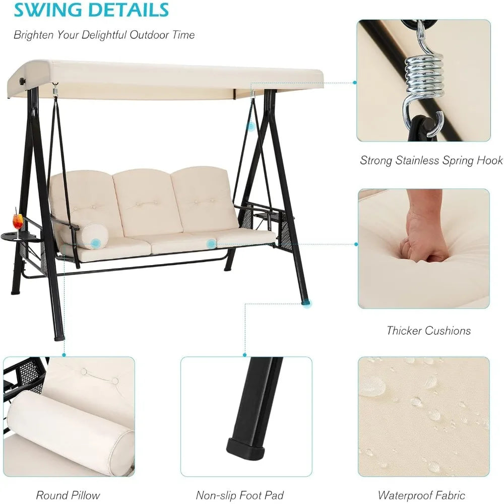 Outdoor Porch Swing 3 Seat With Adjustable Canopy For Garden
