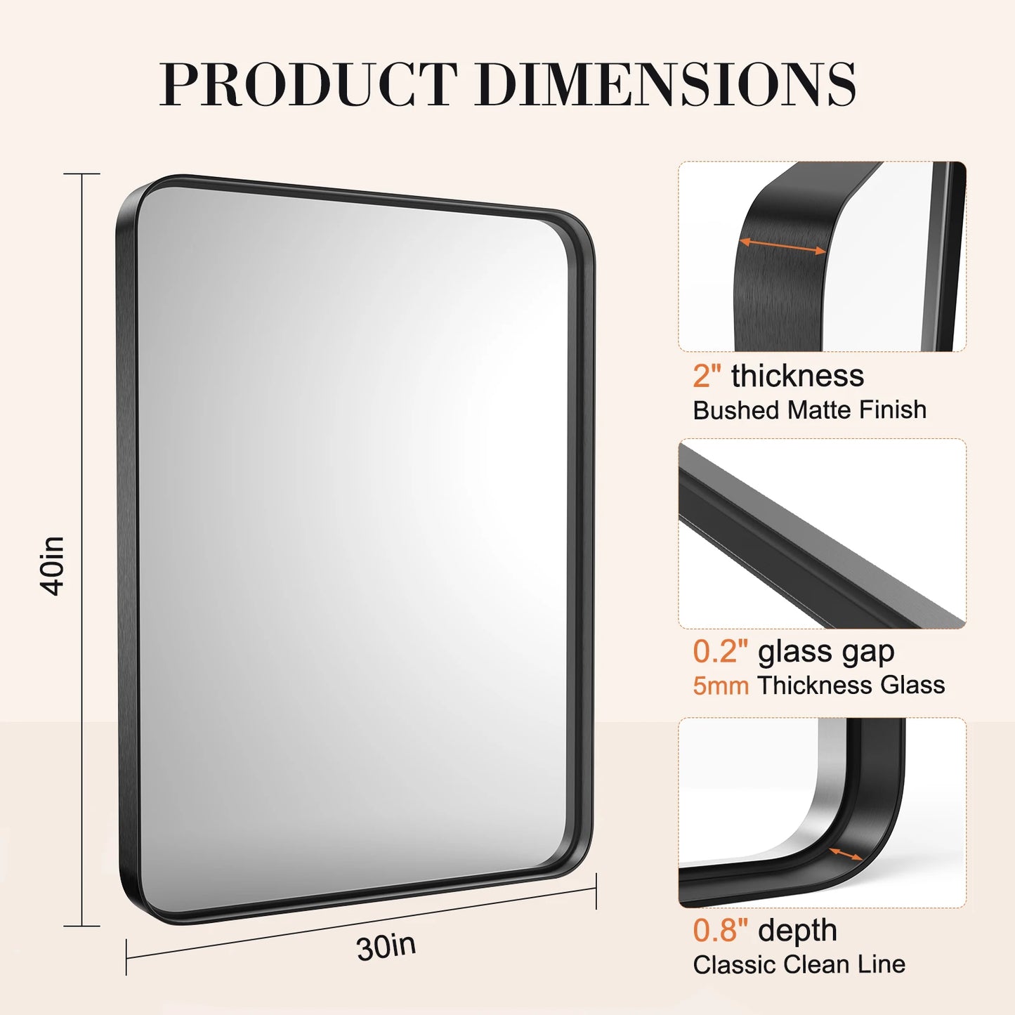 JHK Matte Metal Framed Rectangular Bathroom Mirror Wall Mounted