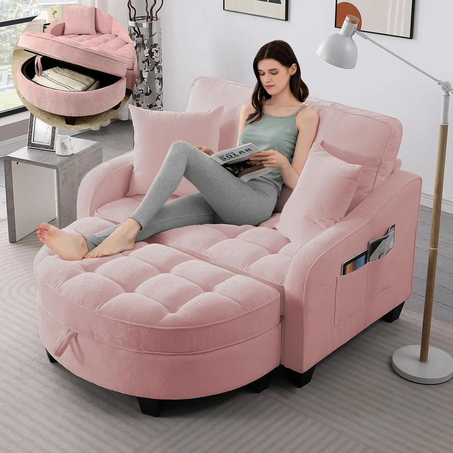 Oversized Curved Chaise Lounge Chair With Ottoman Indoor Soft Chenille