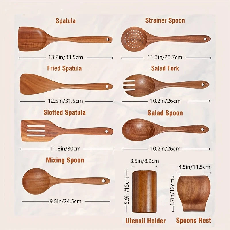KEMORELA 9Pcs Wooden Spoons Set With Teak Kitchen Utensils Holder