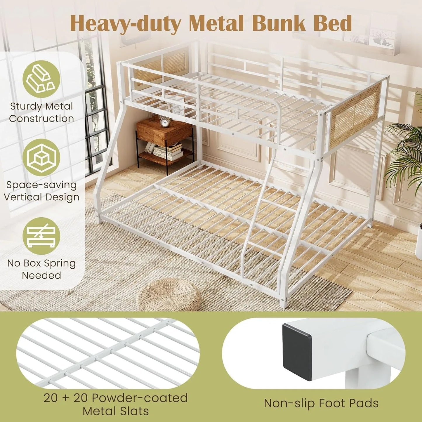 Metal Bunk Bed With Ladder And Guardrails Boho Rattan Style