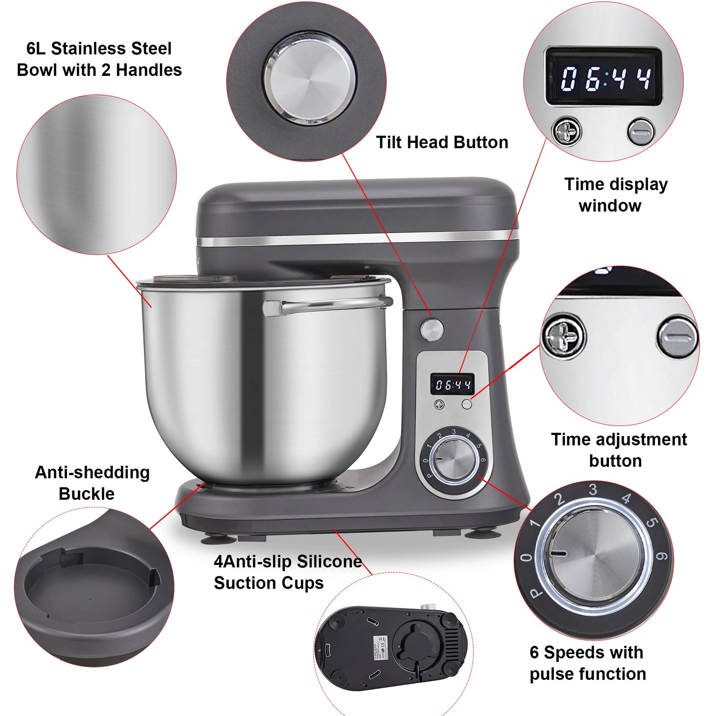 Biolomix 1200W Stand Mixer With Quiet DC Motor 6Speed