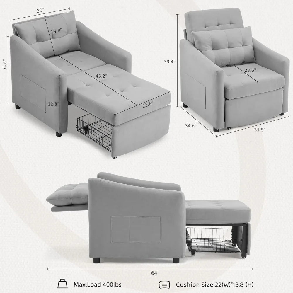 3-In-1 Convertible Sleeper Sofa Chair Bed With Storage Drawer