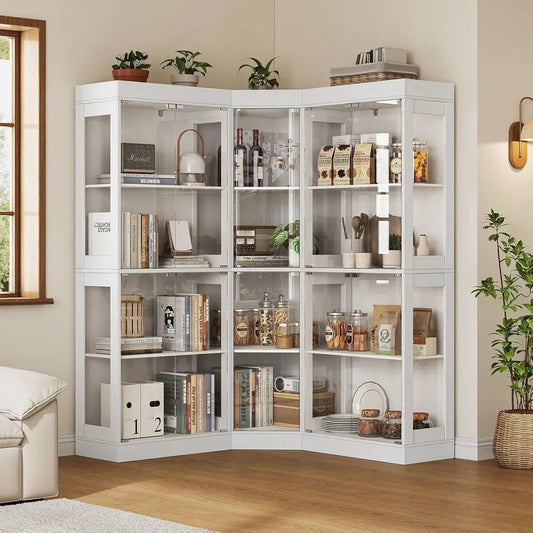 Large L Shaped Glass Door Cabinet With 12 Shelves Modern