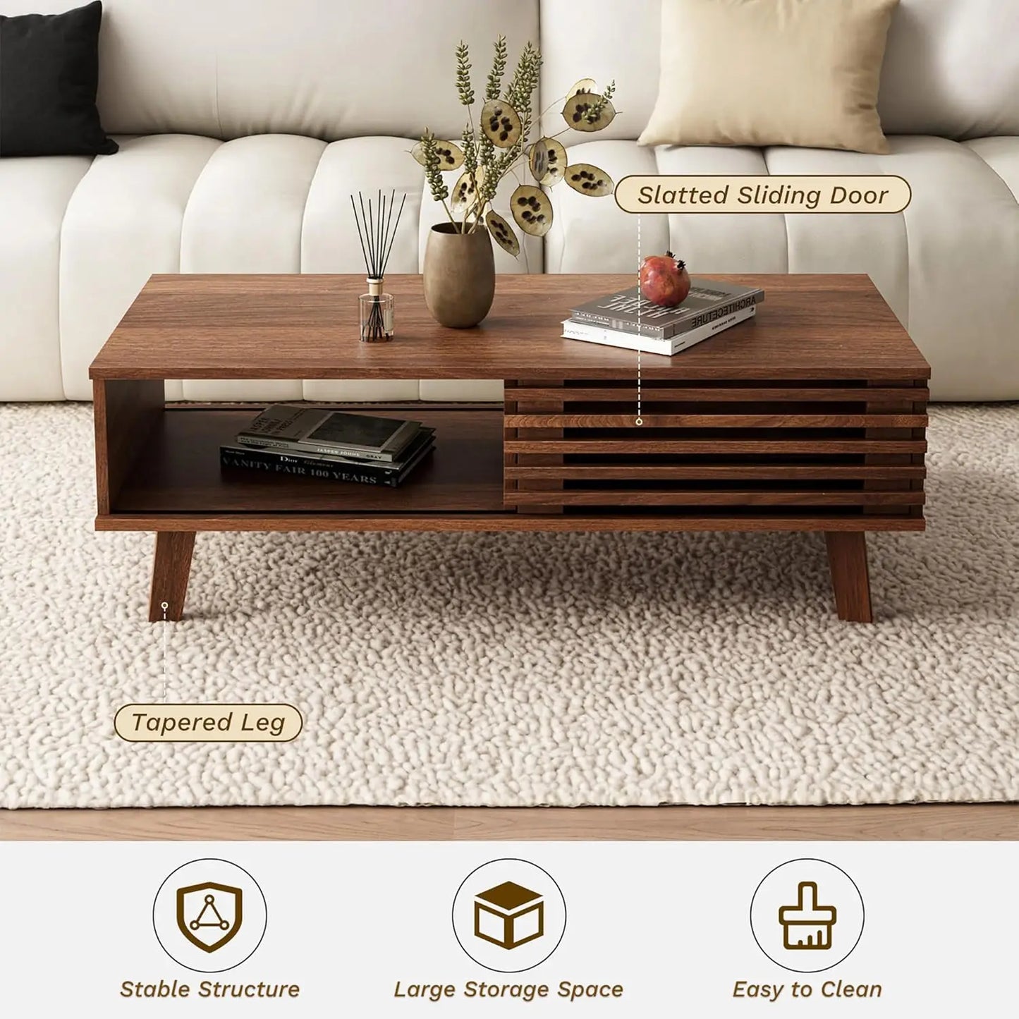 MOYU Mid Century Coffee Table With Storage And Sliding Door