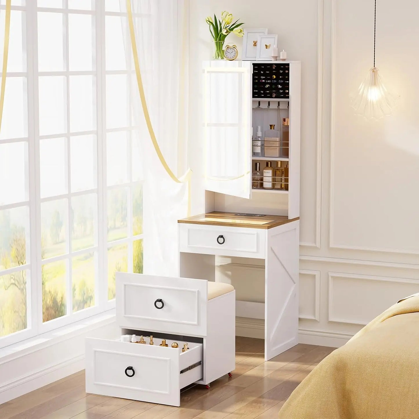 3-in-1 Vanity Desk With Flip Mirror Glass Desktop Premium
