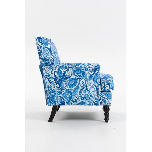 Upholstered Accent Chair Vintage Armchair With Porcelain Print Linen Fabric