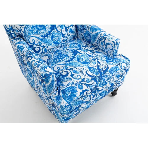 Upholstered Accent Chair Vintage Armchair With Porcelain Print Linen Fabric