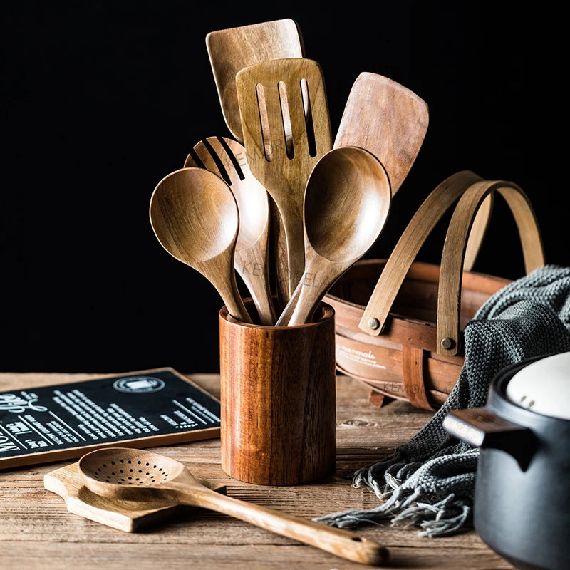 KEMORELA 9Pcs Wooden Spoons Set With Teak Kitchen Utensils Holder