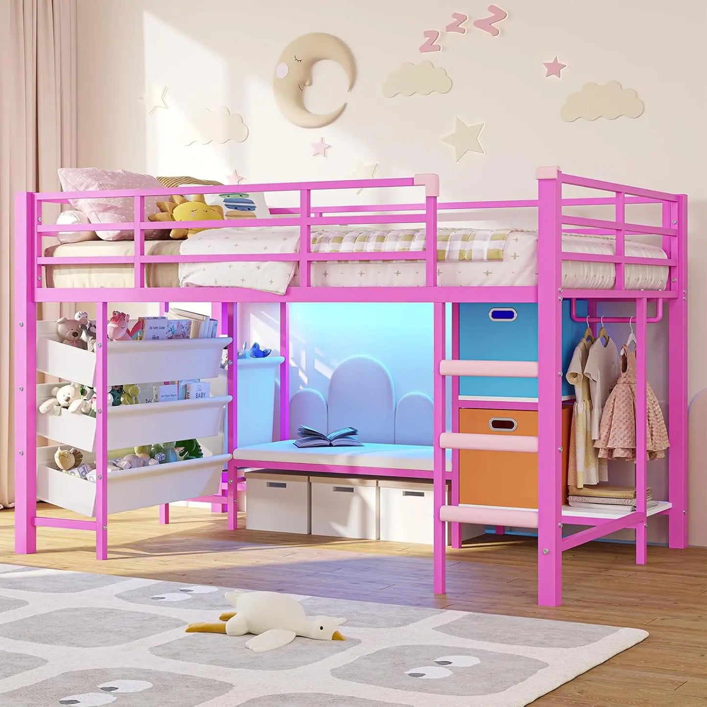 Twin Loft Bed With Reading Corner And LED Lights Guardrail